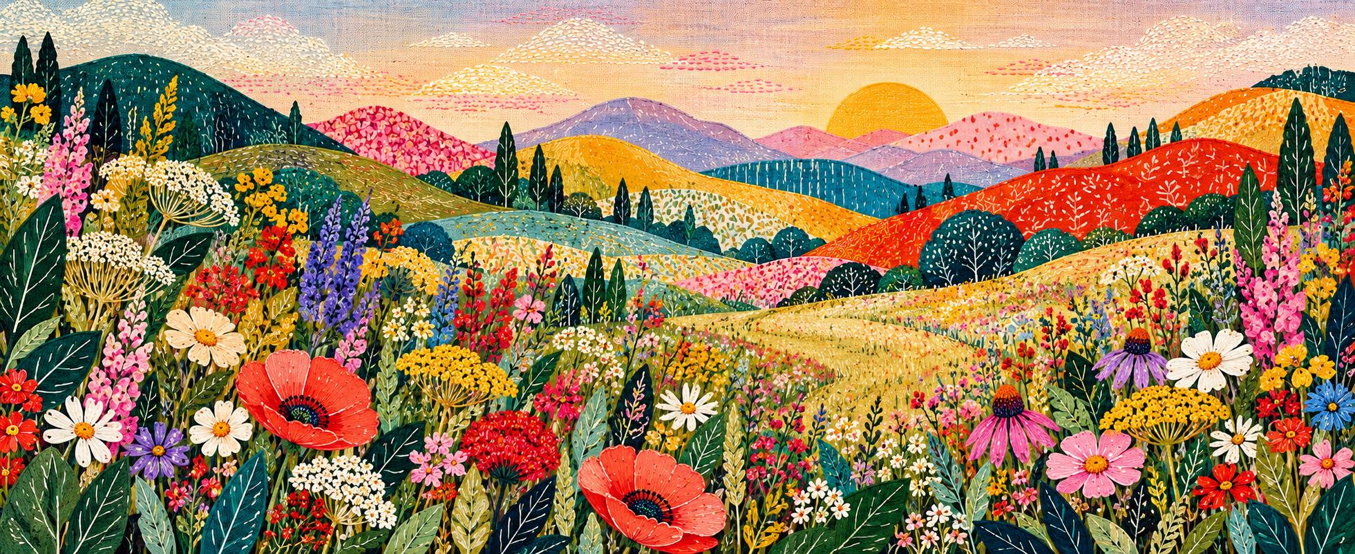 Original woven PUSS field with wildflowers, rolling hills, and an open path